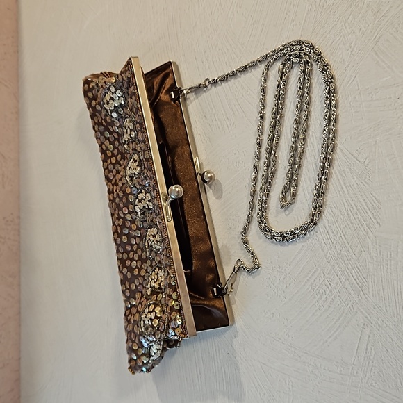 Sequin beaded evening clutch crossbody silver hardware brown iridescent EUC - Picture 3 of 13